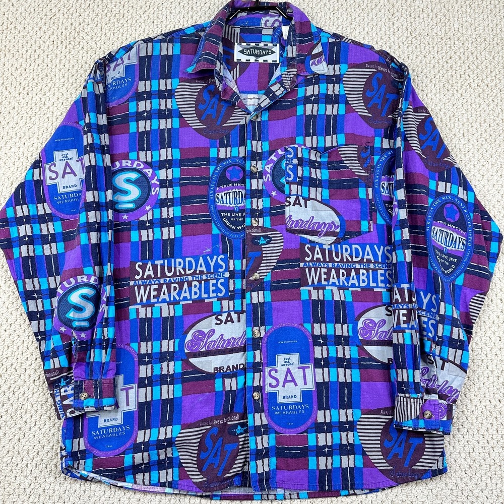 Vtg Saturdays Shirt Mens XL Blue Rayon Blend Button Long Sleeve AOP Abstract 90s